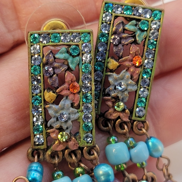 Blue and Lavender Crystal and Beaded Flower Dangle  Earrings - Picture 16 of 16